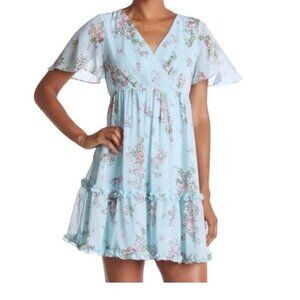 Southern Fried Chics Blue Floral Cottegecore Flutter Sleeve Dress Size Medium